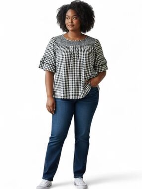 Black & White Gingham Smocked Flutter Sleeve Blouse SZ 4XL